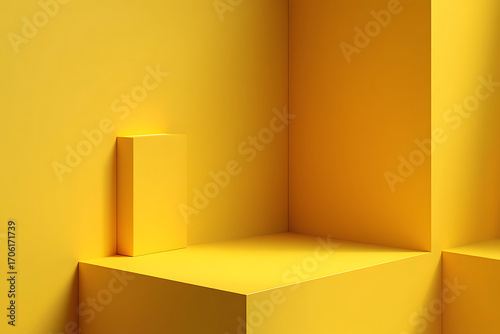 Yellow geometric shapes in a corner studio setting