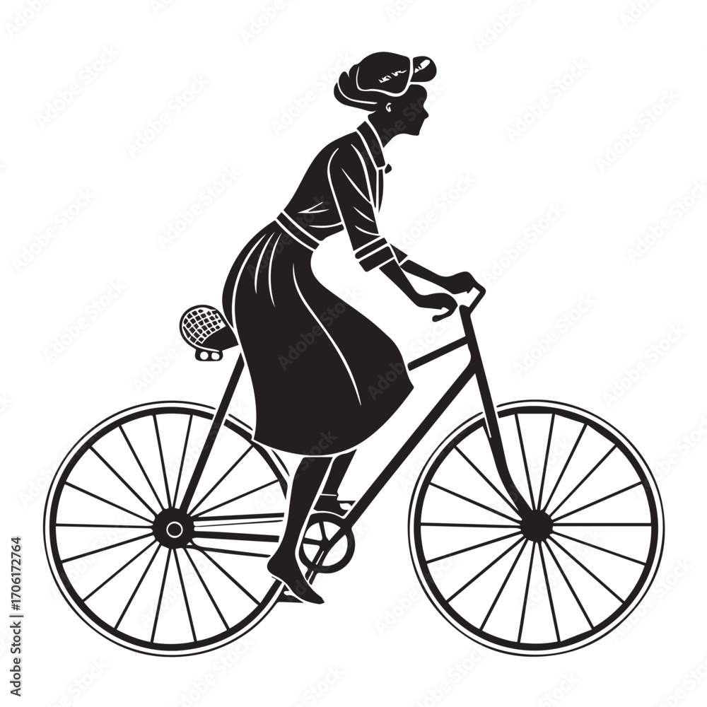 Obraz premium Silhouette of a woman in vintage clothing riding a bicycle, isolated on white background
