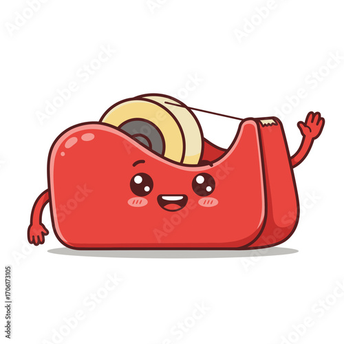 Cute kawaii red tape dispenser character waving hello with a happy face and arms