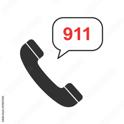 Emergency 911 call icon with phone handset and speech bubble displaying the number