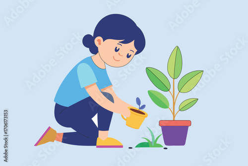 Girl with Dark Hair Watering a Potted Plant with a Small Yellow Watering Can child