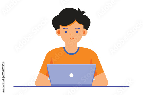 Young Person with Dark Hair Working on a Laptop Computer male