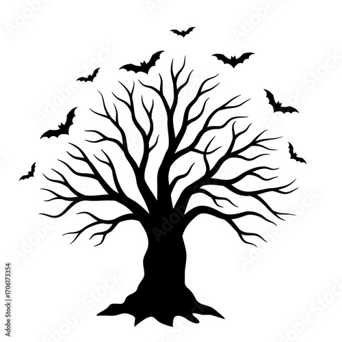 Spooky silhouette of a bare gnarled tree with a swarm of bats flying around its branches at night