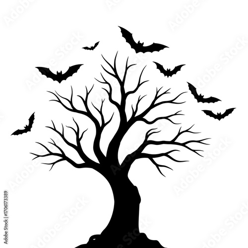 Spooky silhouette of a bare gnarled tree with a swarm of bats flying around its branches