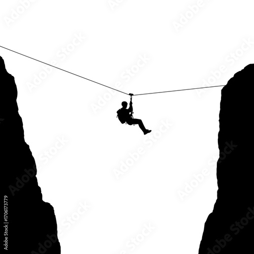 Silhouette of a person rappelling down a steep cliff face using a rope against a white background