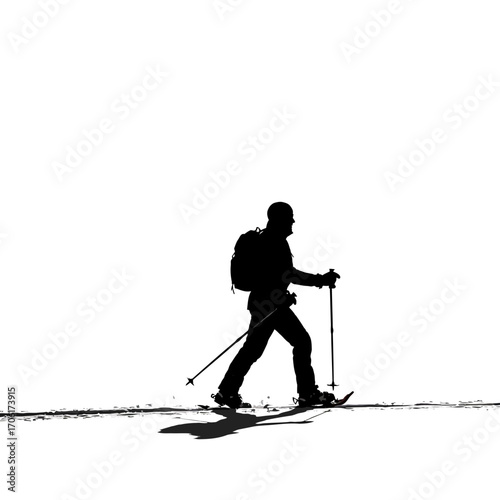Silhouette of a person snowshoeing across a vast white landscape with poles and backpack