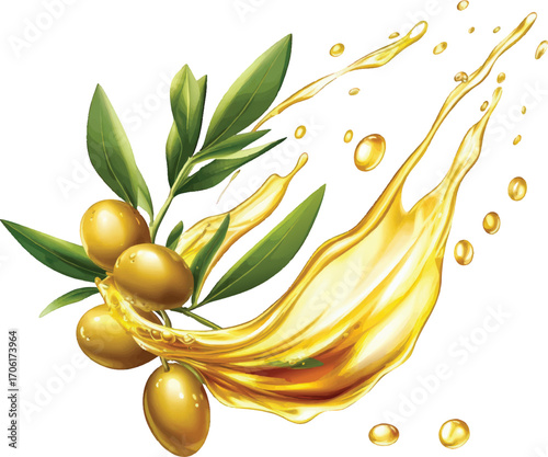 Olive branch with olives and a splash of golden olive oil on a white background Keywords: olive oil, olive branch, olives, splash, liquid, golden, yellow