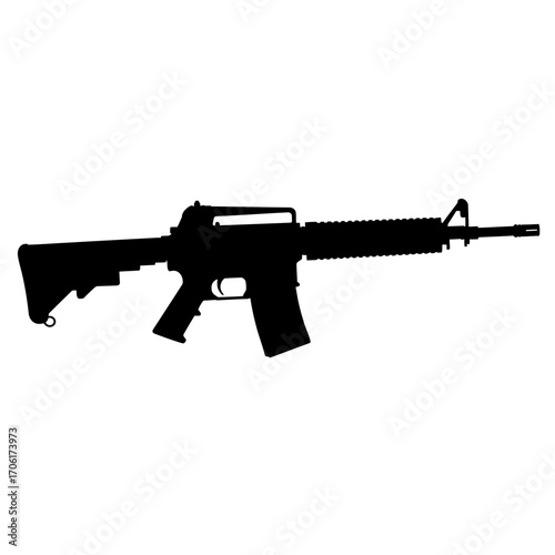 Silhouette of a modern assault rifle with a black finish isolated on a white background