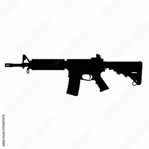 Silhouette of a modern assault rifle with adjustable stock on a clean white background