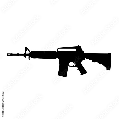 Silhouette of a modern assault rifle isolated on a clean white background for graphic design