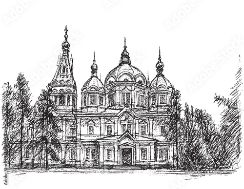 Sketch illustration of a Cathedral in Almaty, black and white drawing