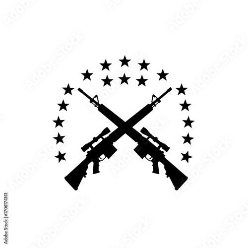 Two crossed rifles with scopes surrounded by a circular arrangement of stars on a white background