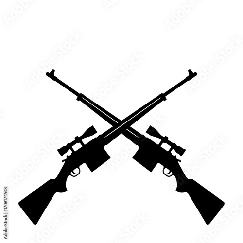 Silhouette of two crossed sniper rifles with scopes on a white background representing military or hunting themes