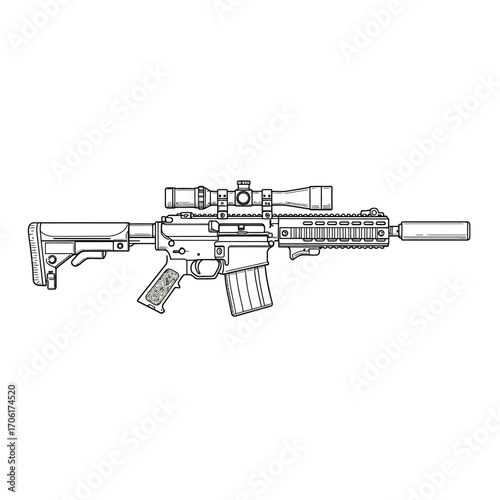 Detailed line art illustration of a modern assault rifle with scope and suppressor on a white background