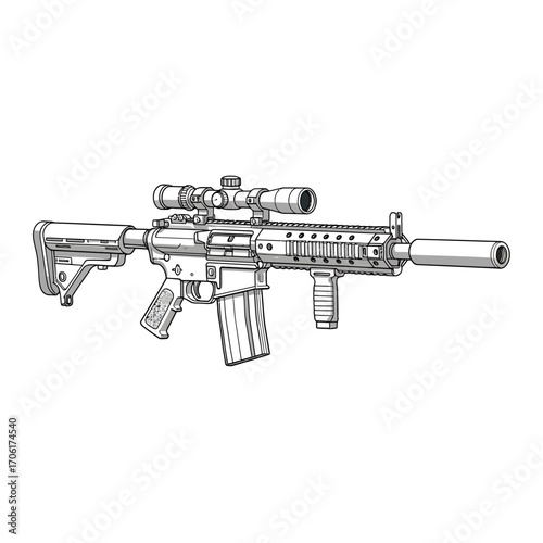 Detailed sketch of a modern assault rifle with a telescopic scope and suppressor on a white background