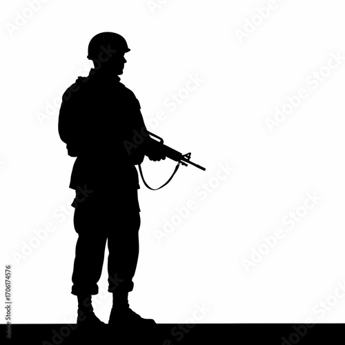 Silhouette of a soldier standing guard holding a rifle against a stark white background