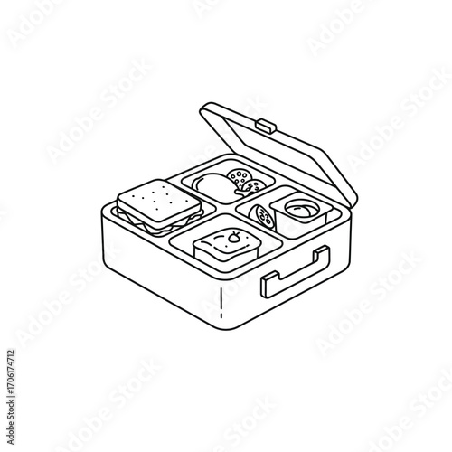 Hand drawn sketch of an open bento lunch box filled with compartments for food and snacks