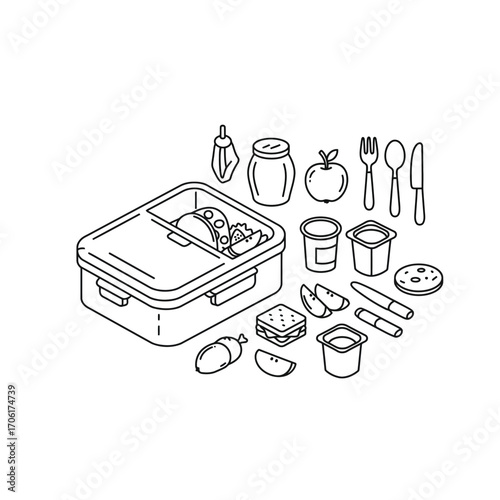 Hand drawn illustration of an open lunchbox filled with food and surrounding healthy meal components for school or work