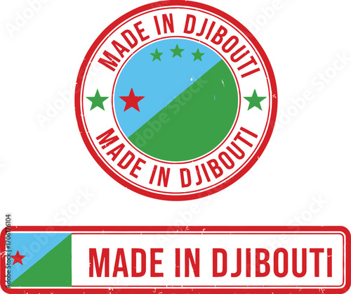 Two Made In Djibouti Stamps Circle and Rectangle Design with Flag Colors and Stars