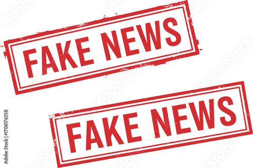 Two Red Fake News Grunge Distressed Rubber Stamp Square with White Background