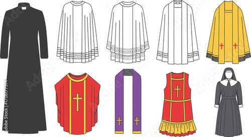 Various Catholic Vestments Cassock, Alb, Chasuble, Stole and Nun Habit