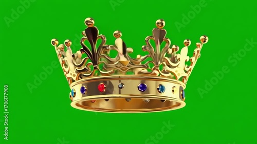 Golden crown spinning and rotating on green screen background isolated royal motion animation, Generative AI