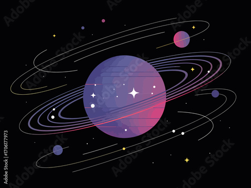 Colorful Planet with Rings in Deep Space Vector Illustration Beautiful Space Background for Science Fiction or Educational Designs