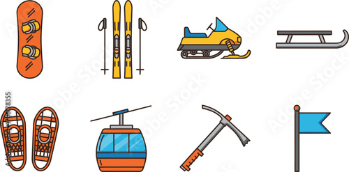 Winter Sport Icons Set Snowboard, Skis, Snowmobile, Sledge, Snowshoes, Gondola, Axe, Flag