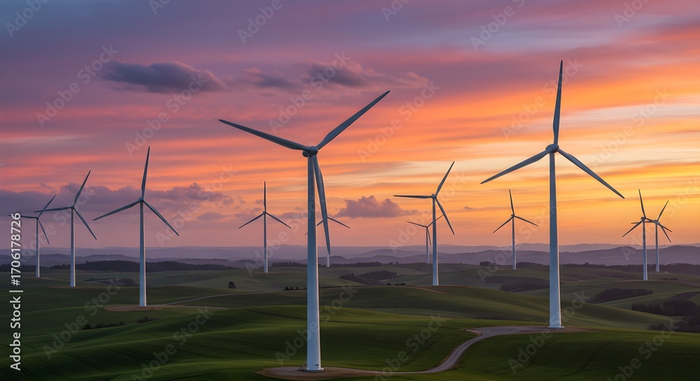 Fototapeta premium Wind turbines in a field at sunset, generating renewable energy for the future.
