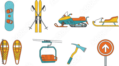 Winter Sports Outline Icons Collection Snowboard, Skis, Snowmobile, Sled, Axe, Sign