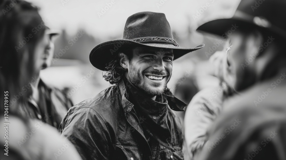 Fototapeta premium A group of friends enjoys a lively conversation in a rural area. One cowboy, wearing a hat and a scarf, is smiling warmly while interacting with others. The atmosphere is relaxed and friendly.