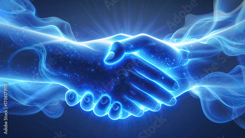 Two ethereal hands, crafted from stardust and radiant light, shaking in a cosmic agreement, embodying a profound spiritual connection and partnership within the universe