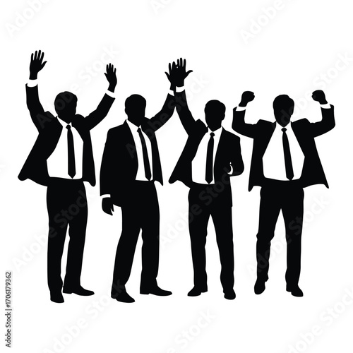 Teamwork success celebration silhouette four businessmen high fiving and cheering together silhouette