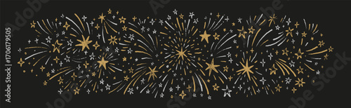 Merry Christmas and Happy New Year, Birthday, carnival celebration festive golden and silver firework background. Night, holiday eve sky. Hand drawn crayon scribble, pencil firecracker sketch