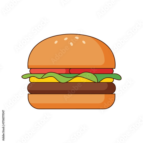 A colorful burger with layers of cheese, lettuce, tomato, and a beef patty on a white background