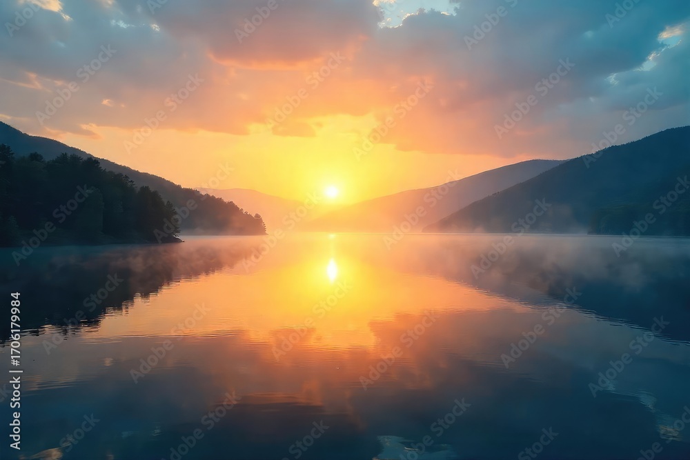 Fototapeta premium A tranquil sunrise over a serene, misty lake, the sun's rays gently illuminating the water and distant hills Perfect for nature, travel, and peaceful themes , mist, wilderness, breathtaking