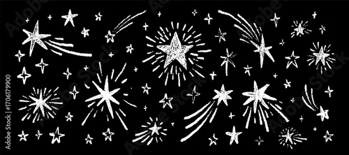 Hand drawn crayon star, twinkle, blink, glint, twinkle background. Shooting stars and comets chalk drawing on the blackboard. Pastel sketch scribbles. Pencil handwriting. Space universe doodle poster