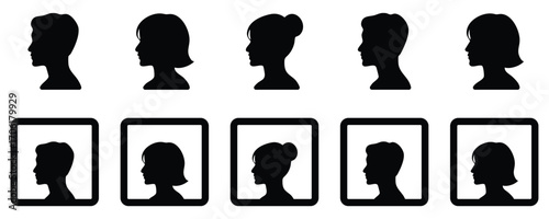 Human profile silhouette icons showing male and female head side view portraits in square frames for avatar and identity design