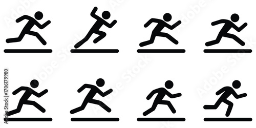 Stickman silhouette sprinting sequence showing dynamic running action poses of athlete in motion for sports and fitness design