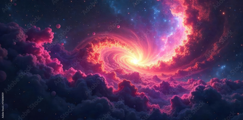 Obraz premium A vast, swirling nebula, possibly harboring unseen alien civilizations The colors are vibrant and mysterious, hinting at untold secrets within the cosmic dust , aliens, vastness, alien planet