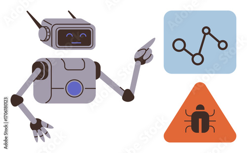 Friendly robot gesturing towards data chart and bug warning. Ideal for technology, automation, AI, cybersecurity, problem-solving, analytics, innovation. Simple flat metaphor