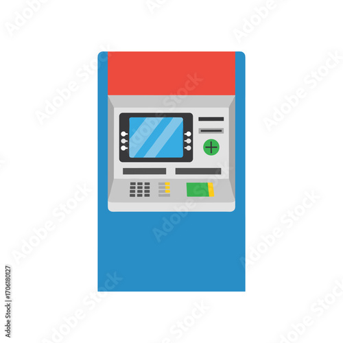 A modern ATM machine with a bright red top, set against a plain blue background, ideal for financial themes