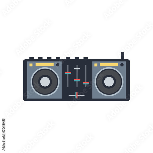 A modern digital DJ mixer with controls and speakers, set against a minimalist background