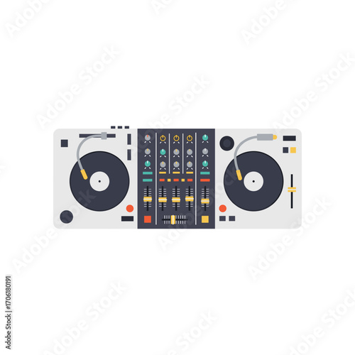 A modern DJ setup featuring turntables and a mixer, set against a minimalist background