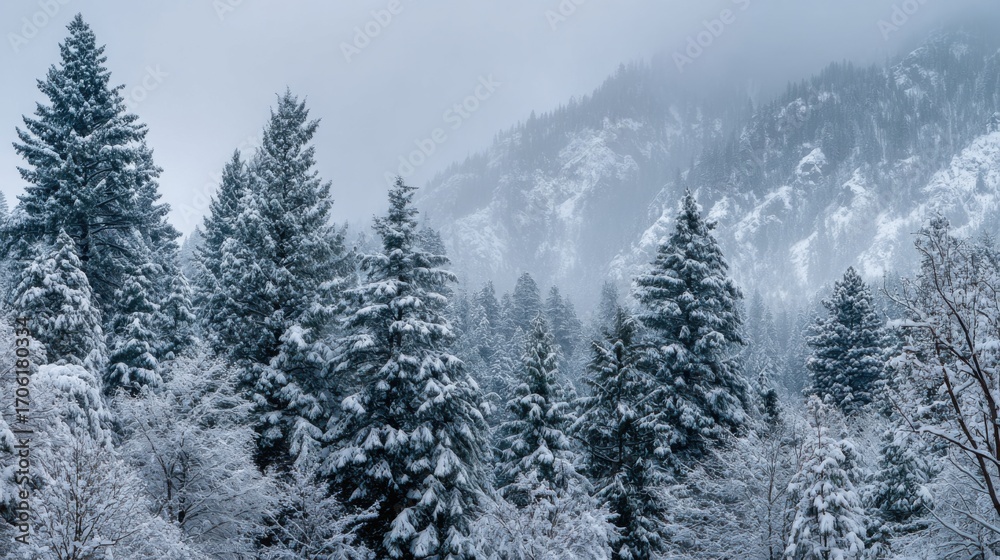 Obraz premium Amidst a foggy winter day, evergreen trees are blanketed in fresh snow, creating a serene atmosphere in a mountainous region. The landscape feels tranquil and untouched.
