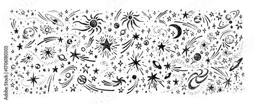 Hand drawn grunge pencil space background. Line crayon handwriting. Moon, Sun, Earth, Saturn planets, shooting stars, meteor, star clusters, comets, alien ufo spaceship. Childish chalk scribbles