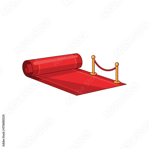 A rolled-out red carpet with stanchions and ropes, symbolizing a glamorous event or premiere