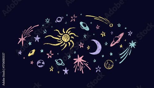 Colorful neon crayon outer space childish background. Hand draw stars, comets, planets, Sun, Moon pencil drawings. Earth with satellite. Universe cosmic pastel and paint drawn vector design Print