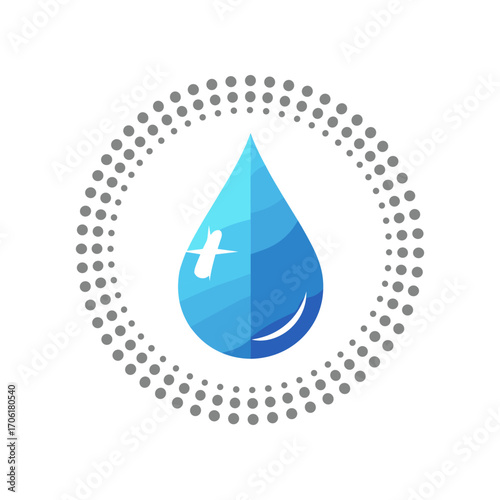 A stylized blue water droplet surrounded by a dotted circular design on a white background