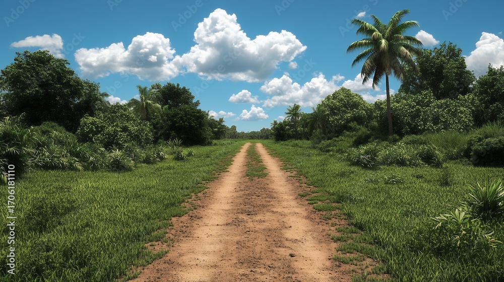 Fototapeta premium Lush Green Pathway Through Dense Foliage with Blue Skies and White Clouds Panorama